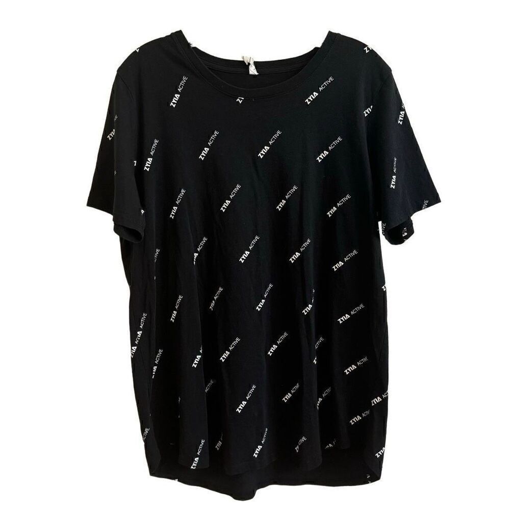 ZYIA Active Womens Pattern Swoop T-shirt Black All Over Logo Spellout Size XL